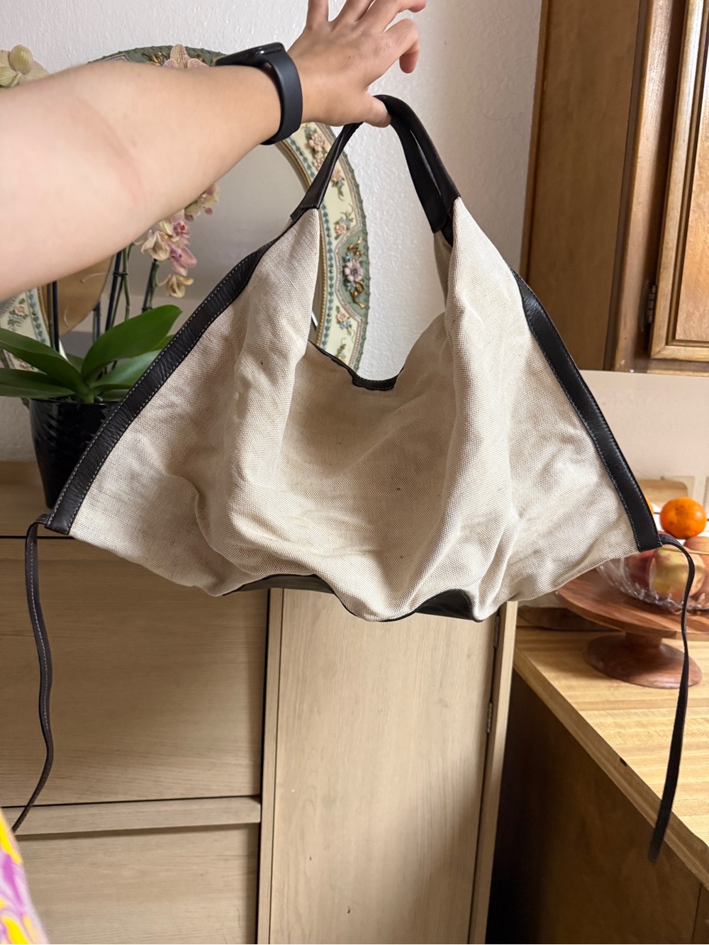 Vintage Canvas & Leather Tote Bag, Boho Minimalist Shoulder Bag